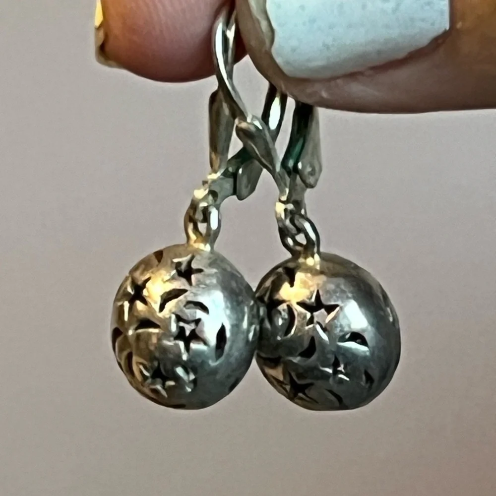 Sterling Moon and Star Cut out Ball Drop Earrings - Picture 1 of 5